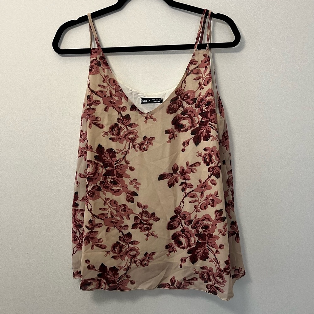 SHEIN Cream & Pink Floral Camisole Sleeveless Top